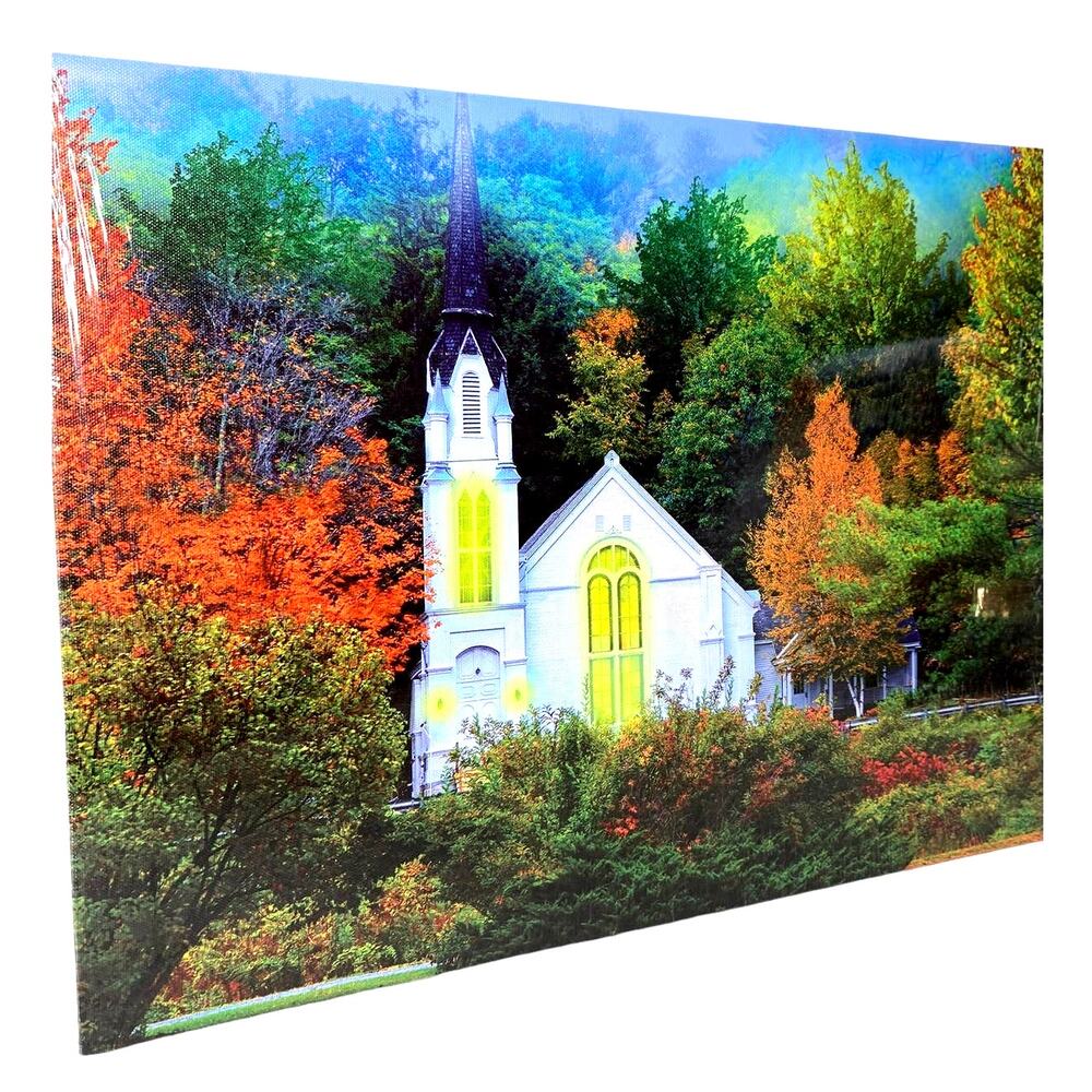 LED Lighted Autumn Church Canvas Wall Art Fall Decor New Factory Sealed